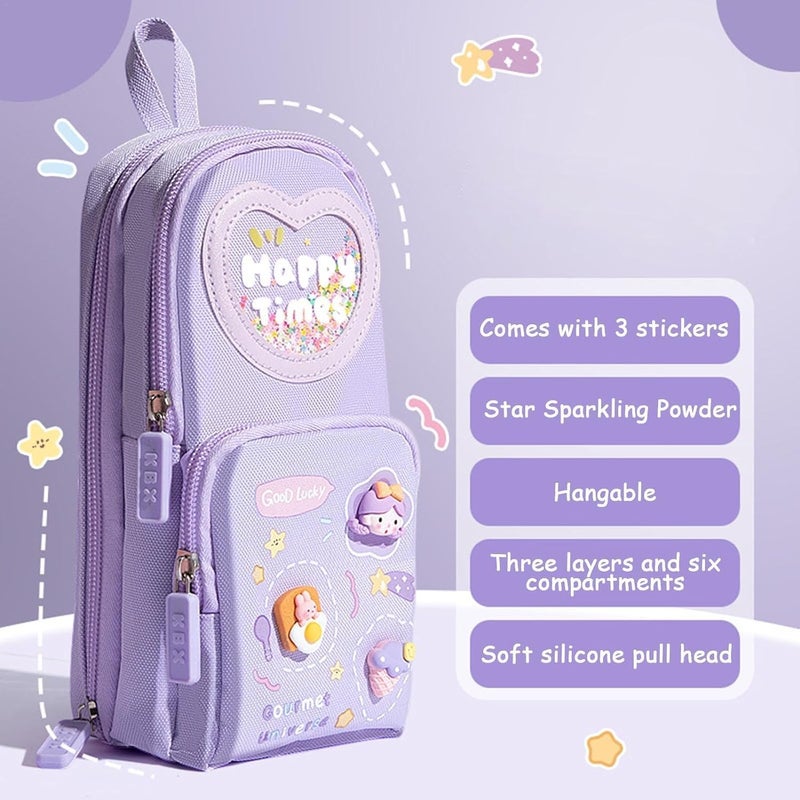 Baethan Premium Unicorn 3-Layer Big Capacity Pencil Case for Girls + Free Unicorn Push-Pull Eraser | School Bag Shaped Stationery Organizer | Cute Aesthetic Gift for Kids (Purple+Erasers) - Image 2