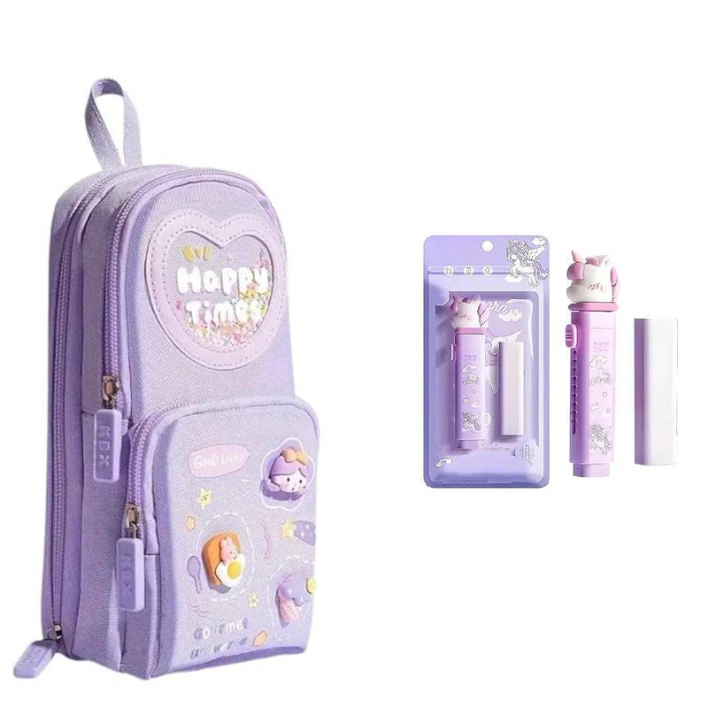 Baethan Premium Unicorn 3-Layer Big Capacity Pencil Case for Girls + Free Unicorn Push-Pull Eraser | School Bag Shaped Stationery Organizer | Cute Aesthetic Gift for Kids (Purple+Erasers) - Image 1
