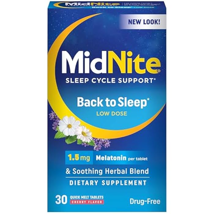 MidNite Back to Sleep Low Dose, 1.5 mg Melatonin Sleep Aid, Non-Habit Forming, Herbal Dietary Supplement for Adults, Drug-Free, Gluten-Free, Lactose-Free, Vegetarian, Vegan, 30 Quick Melt Tablets - Image 1