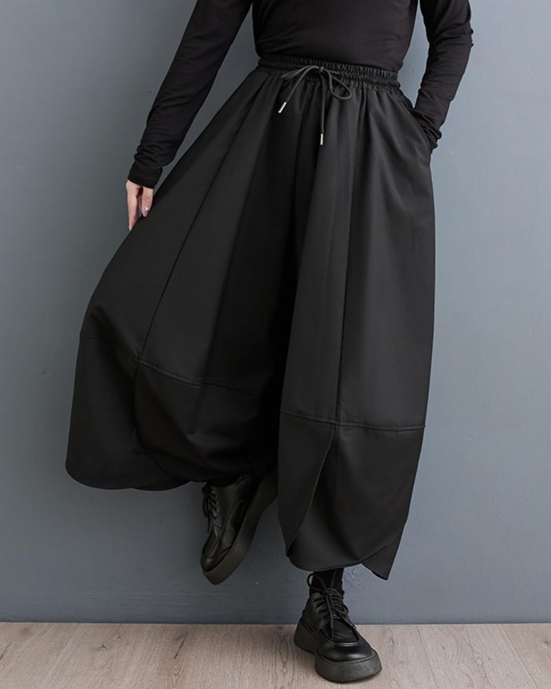 ellazhu Women's Puffy Drawstring Elastic Waist Drop Crotch Hakama Harem Balloon Wide Leg Pants GZ81 Black - Image 3