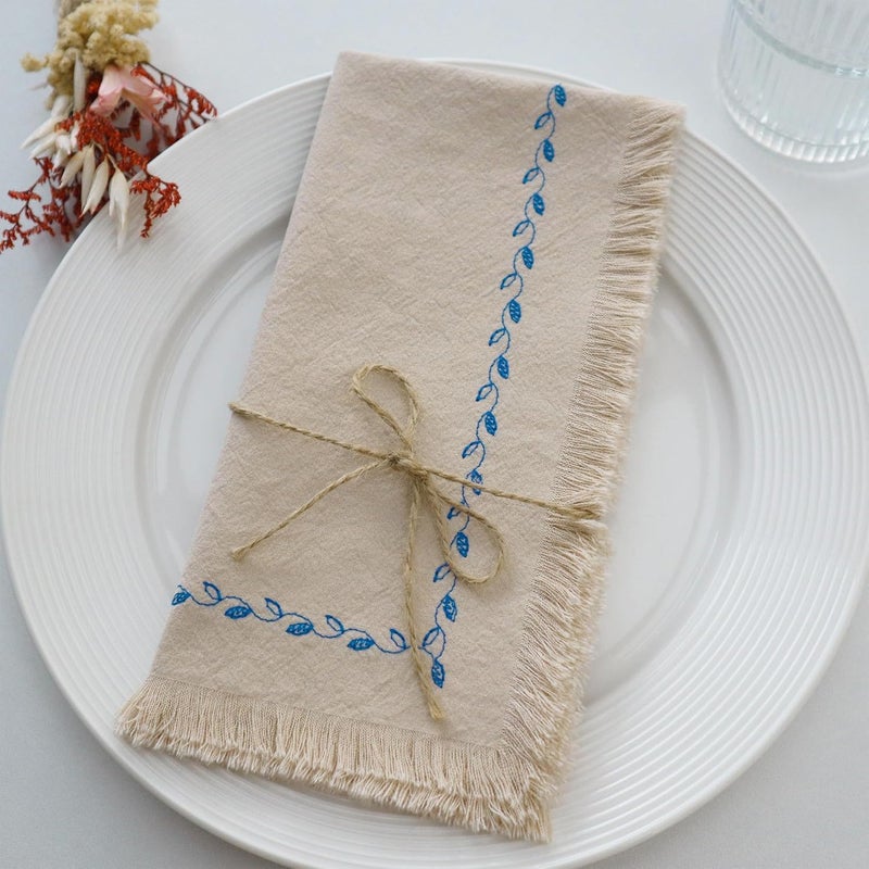 Ayuzawa Embroidered Handmade Cloth NapkinsThickened Cotton Cloth Napkins with FringeKitchen Dining Tabletop Decorationfor Dinners Parties Weddings 18 x 18 Inch Set of 4  Beige - Image 2
