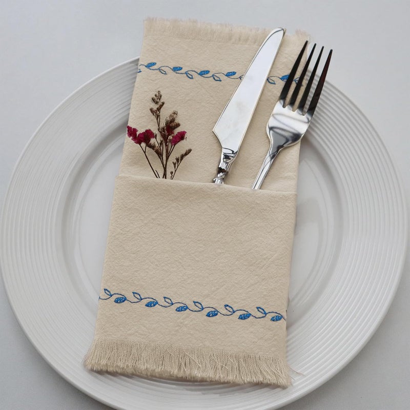 Ayuzawa Embroidered Handmade Cloth NapkinsThickened Cotton Cloth Napkins with FringeKitchen Dining Tabletop Decorationfor Dinners Parties Weddings 18 x 18 Inch Set of 4  Beige - Image 3