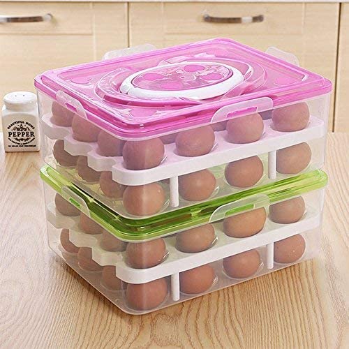 VICHAXAN Vichaxan 32 Egg Holder for Refrigerator FODIENS Auto Scrolling Down Egg Storage Container Box with 1pc Egg Whisk 1pc Egg White Yolk Separator Stackable Egg Drawer Organizer with Timetable Lid  - Image 2