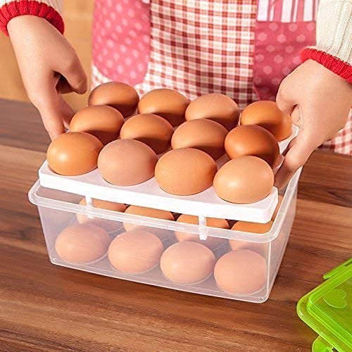 VICHAXAN Vichaxan 32 Egg Holder for Refrigerator FODIENS Auto Scrolling Down Egg Storage Container Box with 1pc Egg Whisk 1pc Egg White Yolk Separator Stackable Egg Drawer Organizer with Timetable Lid  - Image 3