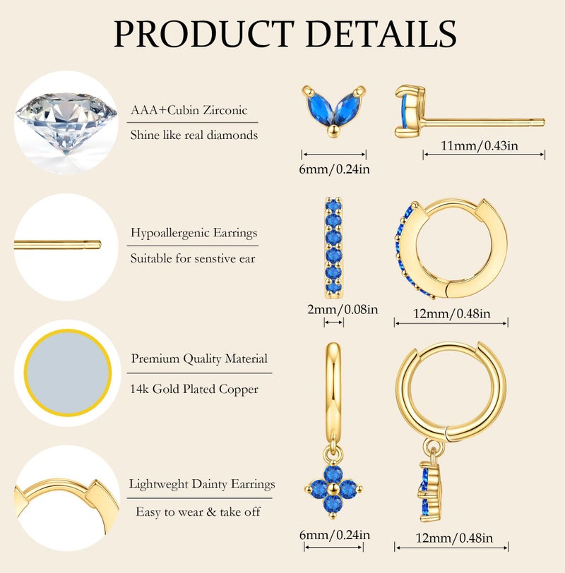MOZAKA 3 Pairs Dainty Gold/Silver Three Hole Birthstone Earrings Set for Multiple Piercing Non Tarnish 14k Gold Plated Hypoallergenic Cartilage Small Hoop Stud Earrings Stacks Set for Women Birthday Gifts - Image 4