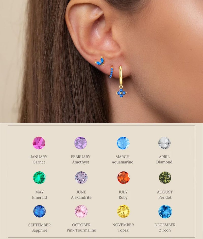 MOZAKA 3 Pairs Dainty Gold/Silver Three Hole Birthstone Earrings Set for Multiple Piercing Non Tarnish 14k Gold Plated Hypoallergenic Cartilage Small Hoop Stud Earrings Stacks Set for Women Birthday Gifts - Image 5