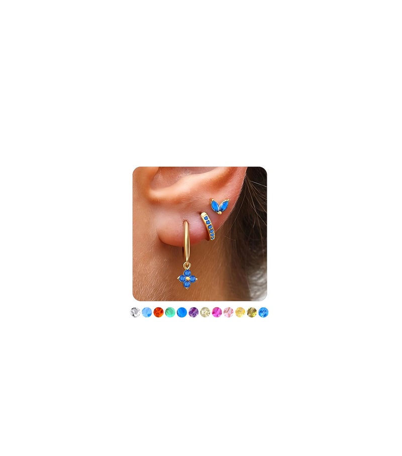 MOZAKA 3 Pairs Dainty Gold/Silver Three Hole Birthstone Earrings Set for Multiple Piercing Non Tarnish 14k Gold Plated Hypoallergenic Cartilage Small Hoop Stud Earrings Stacks Set for Women Birthday Gifts - Image 1