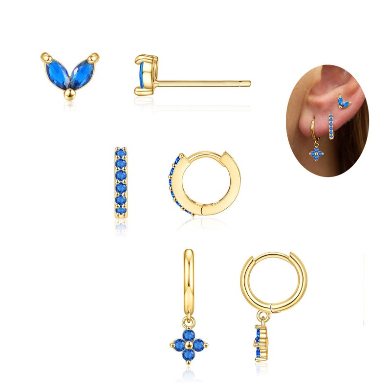 MOZAKA 3 Pairs Dainty Gold/Silver Three Hole Birthstone Earrings Set for Multiple Piercing Non Tarnish 14k Gold Plated Hypoallergenic Cartilage Small Hoop Stud Earrings Stacks Set for Women Birthday Gifts - Image 2
