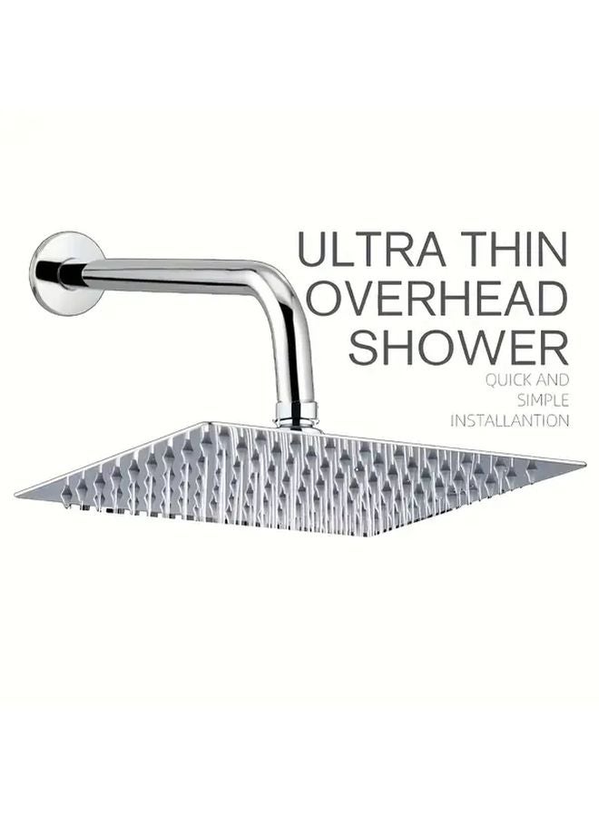 Silvery 8 Inch Square Rain Shower Head High Pressure Wall Mounted Chrome Finish - Image 1