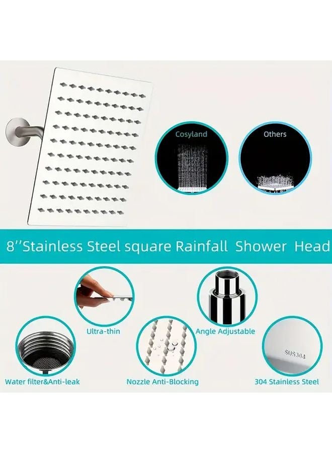 Silvery 8 Inch Square Rain Shower Head High Pressure Wall Mounted Chrome Finish - Image 4