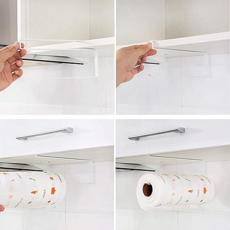 NADEEMS World Paper Towel Hanger Underneath Cabinet Rack No Drilling Paper Roll Holder Over The Door Kitchen Roll Holder Toilet Paper Roll Holder Over The Cabinet Pack of 1White - Image 2