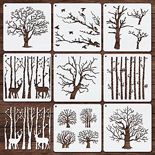 Chinco 8 Pieces Reusable Aspen Tree Stencils Reversed Branches Painting Template Plastic Drawing Stencils for Canvas Wood Wall Decor DIY Crafts(15 x 15 cm/ 5.9 x 5.9 Inch) - Image 1