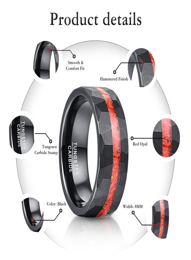 NUNCAD 8mm Tungsten Ring for Men Black Hammered Tungsten Carbide Ring Red Opal Inlaid Wedding Bands Polished Edge Comfort Fit Men Women Size 10 - Image 4
