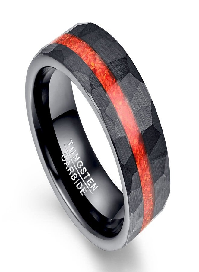 NUNCAD 8mm Tungsten Ring for Men Black Hammered Tungsten Carbide Ring Red Opal Inlaid Wedding Bands Polished Edge Comfort Fit Men Women Size 10 - Image 1