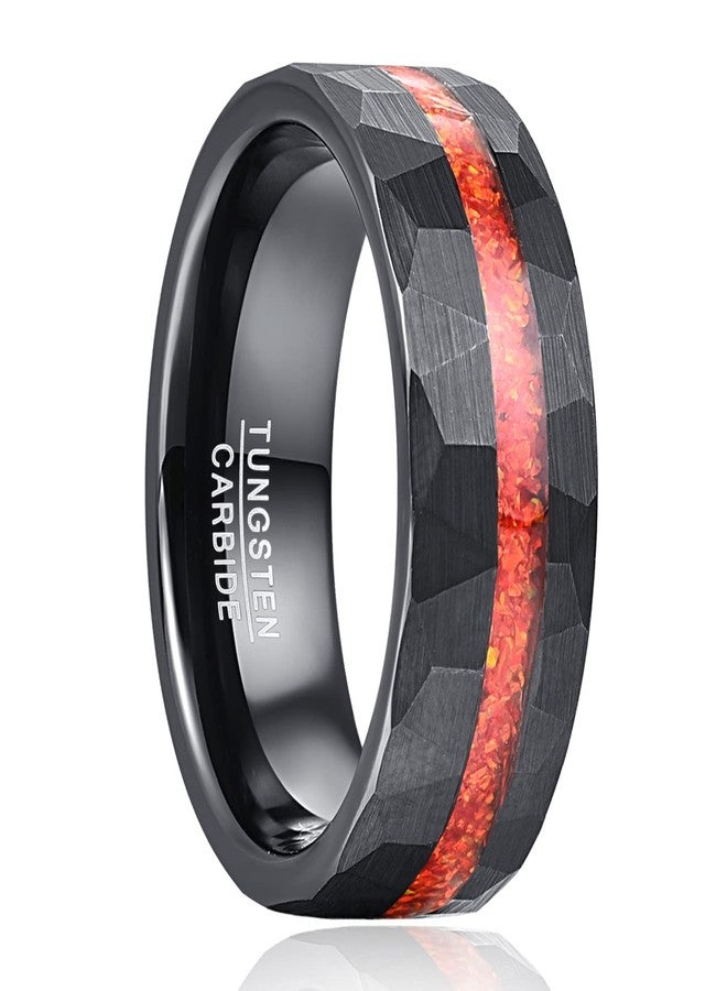 NUNCAD 8mm Tungsten Ring for Men Black Hammered Tungsten Carbide Ring Red Opal Inlaid Wedding Bands Polished Edge Comfort Fit Men Women Size 10 - Image 2