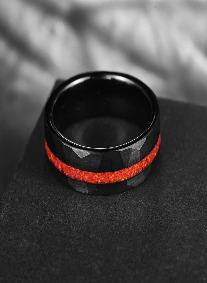 NUNCAD 8mm Tungsten Ring for Men Black Hammered Tungsten Carbide Ring Red Opal Inlaid Wedding Bands Polished Edge Comfort Fit Men Women Size 10 - Image 3