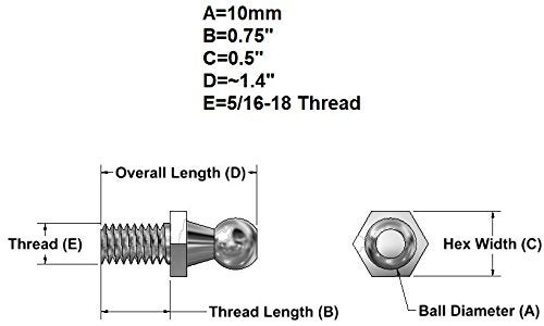 JQuad (4 Pack) 10mm Ball Studs with Hardware - 5/16-18 Thread x 3/4" Long Shank - Gas Lift Support Strut Fitting - Image 2