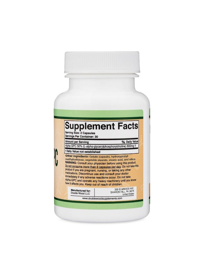 Double Wood Supplements Alpha GPC Choline Capsules 60 Count 600mg Servings Brain Support Aid that Supports Focus Memory Motivation and Energy Made in the USA Brain Support Supplement by Double Wood Supplements - Image 3
