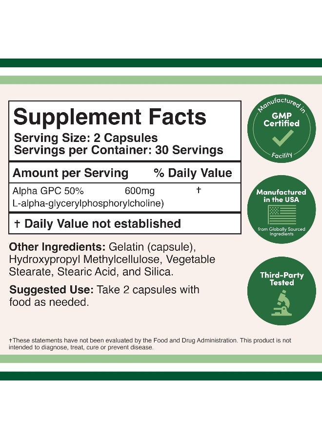 Double Wood Supplements Alpha GPC Choline Capsules 60 Count 600mg Servings Brain Support Aid that Supports Focus Memory Motivation and Energy Made in the USA Brain Support Supplement by Double Wood Supplements - Image 2