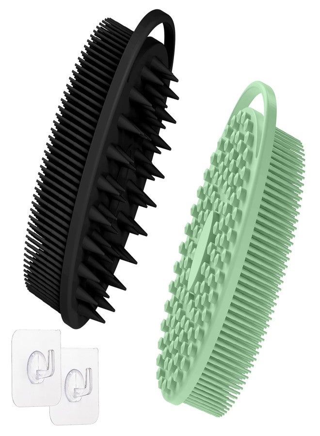GEENOA Soft Silicone Body Scrubber Set, 2PCS Dual-Side Silicone Loofah for Gentle Exfoliating and Scalp Massaging, Hygienic Shower Scrubber Shampoo Brush for Kids, Women, Sensitive Skin(Black+Green) - Image 1