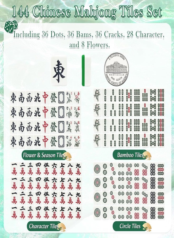 Kasmena Chinese Mahjong Tiles Set,30mm 144 Mahjong Game with Portable Storage Bags, 4 Racks, Scoring, Plastic Coins Dices for Adults & Enthusiasts - Image 2