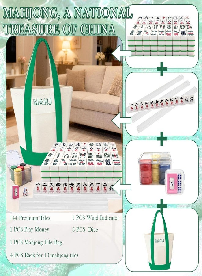 Kasmena Chinese Mahjong Tiles Set,30mm 144 Mahjong Game with Portable Storage Bags, 4 Racks, Scoring, Plastic Coins Dices for Adults & Enthusiasts - Image 4