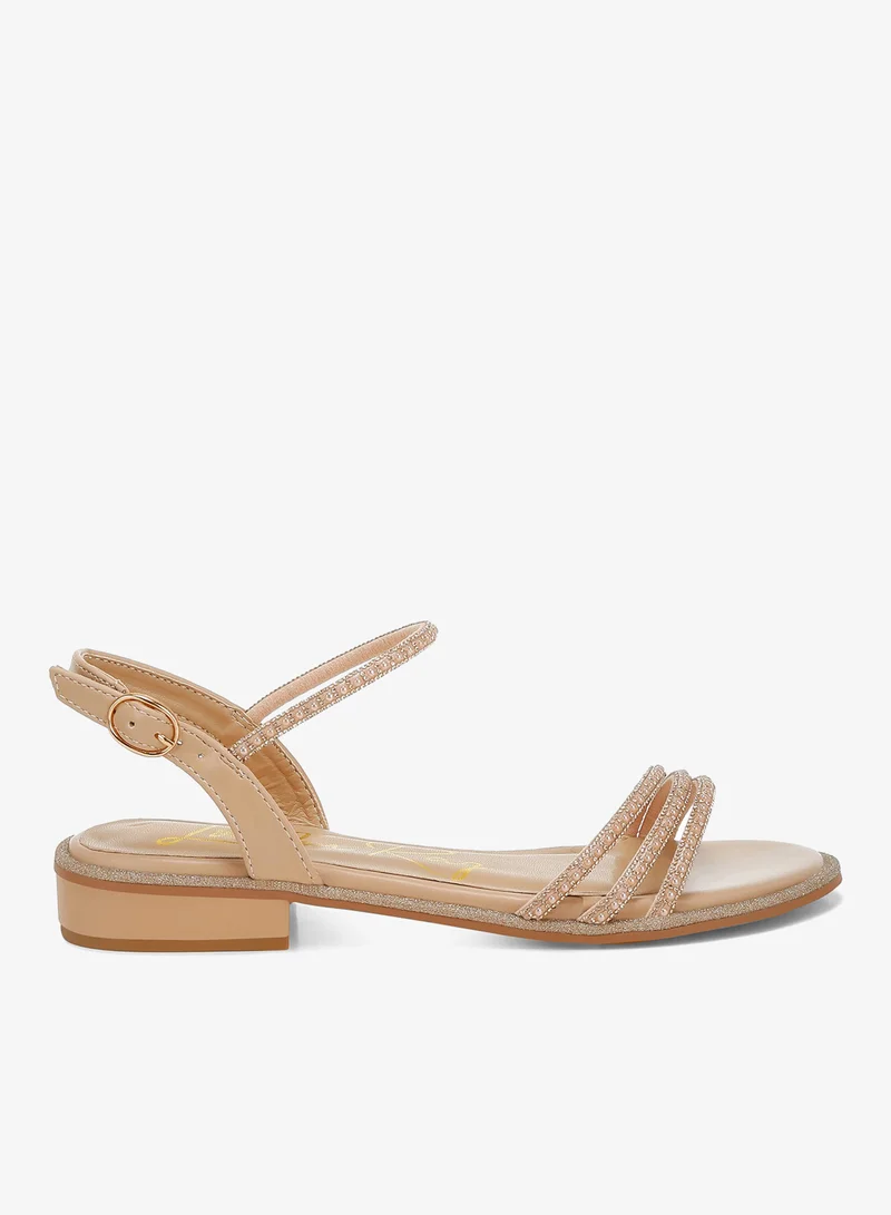 Rhinestone Pearl Detail Flat Sandals Beige