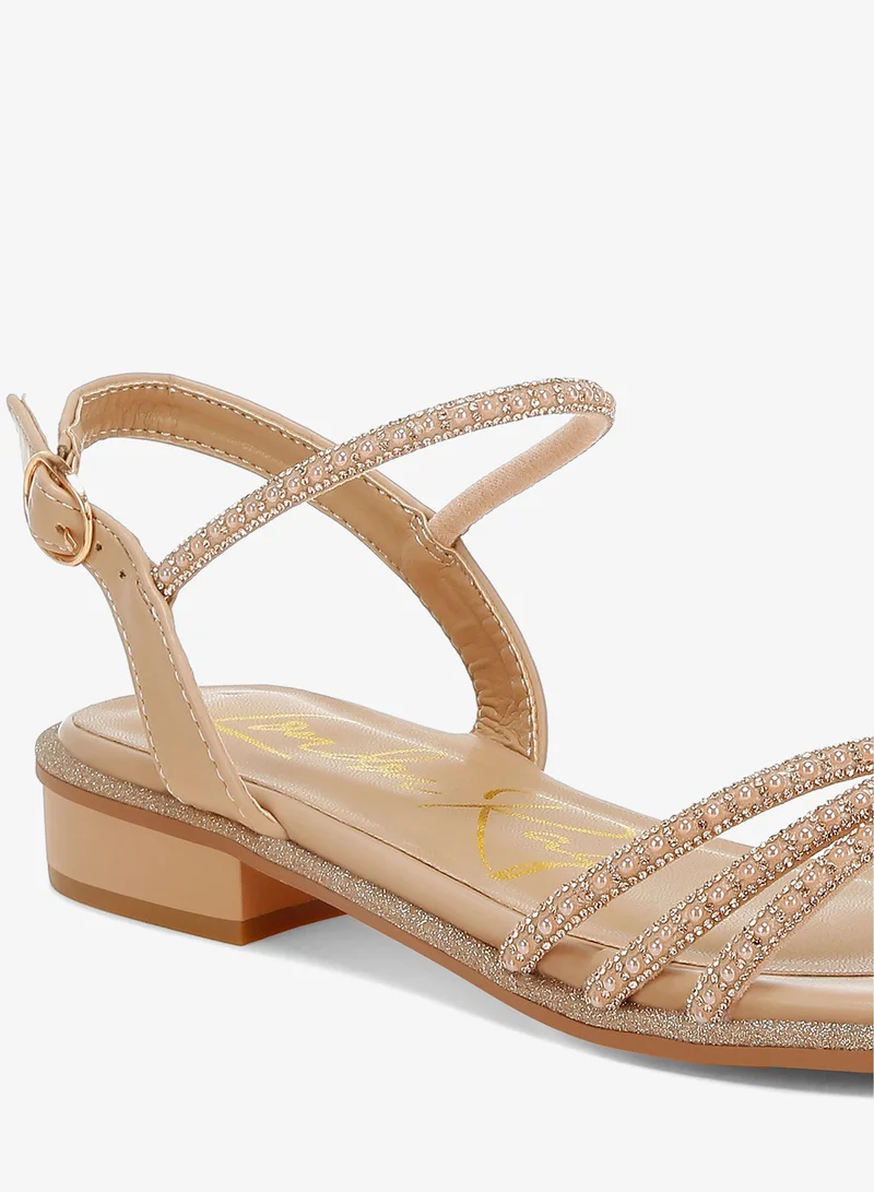 London Rag beige Rhinestone Pearl Detail Flat Sandals Beige for Women | Best Price UAE