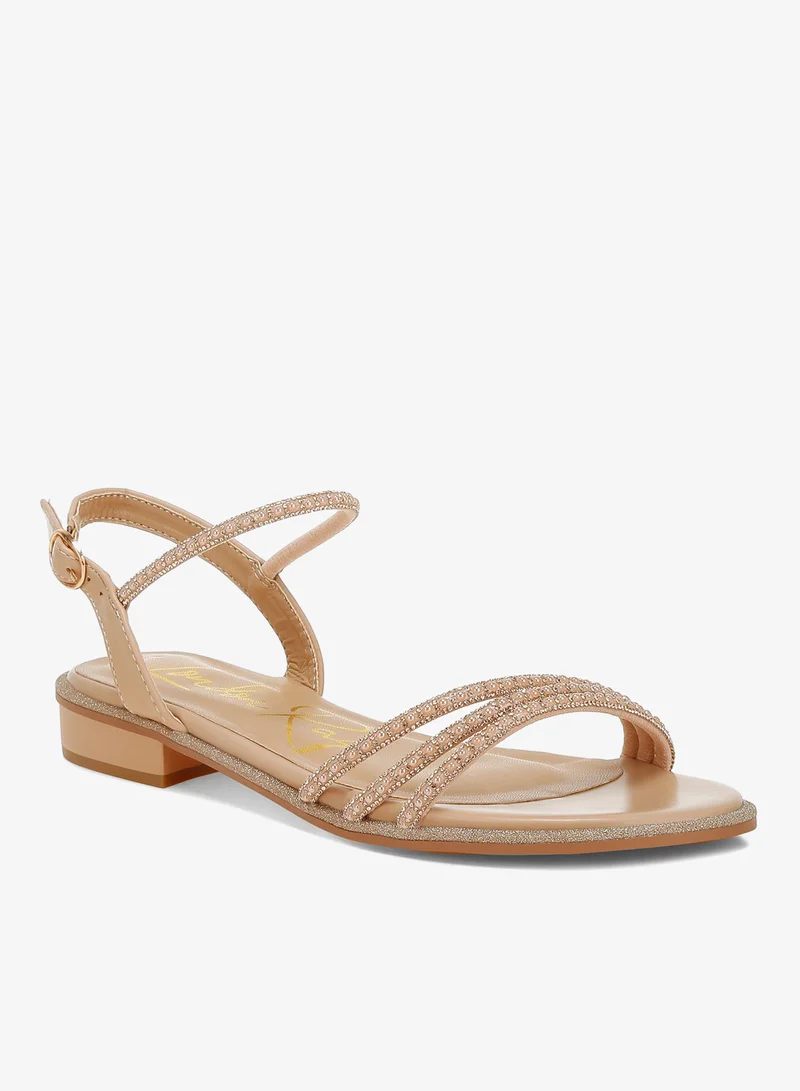 London Rag beige Rhinestone Pearl Detail Flat Sandals Beige for Women | Best Price UAE