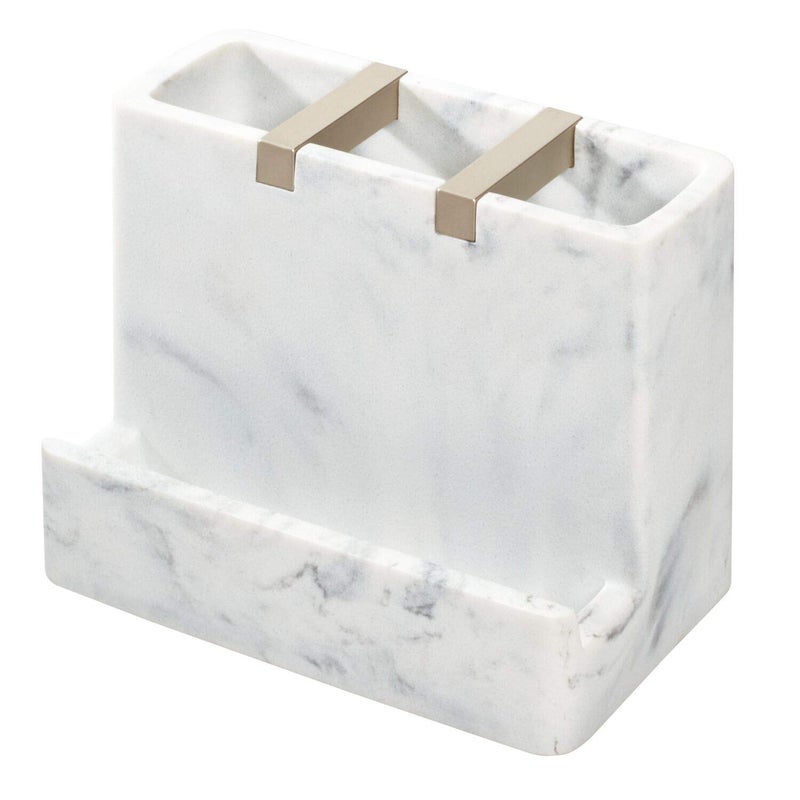 InterDesign iDesign 28250 Dakota Resin Marble Vanity Center for Toothbrush, Cell Phone, Bathroom Countertops, Desks, Vanities, Dorm, Office - White Marble and Satin Metal Accents - Image 1