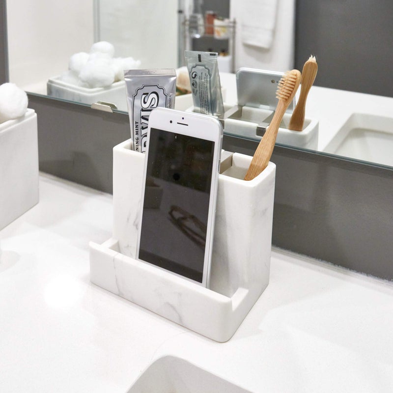 InterDesign iDesign 28250 Dakota Resin Marble Vanity Center for Toothbrush, Cell Phone, Bathroom Countertops, Desks, Vanities, Dorm, Office - White Marble and Satin Metal Accents - Image 3