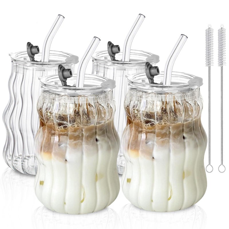 KEMORELA 4PCS Ribbed Glass Cups with Lids & Straws â€“ 18oz Vintage Wavy Coffee Cups, Bubble Glass Aesthetic for Iced Coffee, Clear Ribbed Glasses with Straws, Ideal Drinkware Set - Image 1