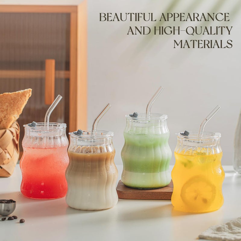 KEMORELA 4PCS Ribbed Glass Cups with Lids & Straws â€“ 18oz Vintage Wavy Coffee Cups, Bubble Glass Aesthetic for Iced Coffee, Clear Ribbed Glasses with Straws, Ideal Drinkware Set - Image 2