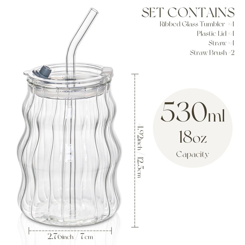 KEMORELA 4PCS Ribbed Glass Cups with Lids & Straws â€“ 18oz Vintage Wavy Coffee Cups, Bubble Glass Aesthetic for Iced Coffee, Clear Ribbed Glasses with Straws, Ideal Drinkware Set - Image 3