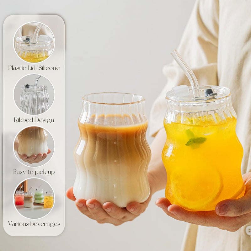 KEMORELA 4PCS Ribbed Glass Cups with Lids & Straws â€“ 18oz Vintage Wavy Coffee Cups, Bubble Glass Aesthetic for Iced Coffee, Clear Ribbed Glasses with Straws, Ideal Drinkware Set - Image 5