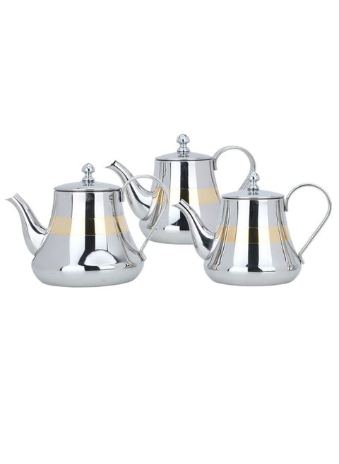 0-9-1-2-1-6L Silver Steel Teapot Set With Gold Line 3H