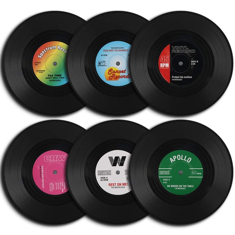 homEdge Vinyl Record Coasters, 6 Pieces of Retro Style Vinyl Coasters - Image 1