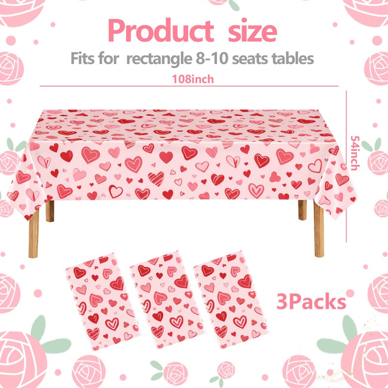 FUULOXE 3 Pcs Valentines Disposable Rectangular Tablecloth Red Love Plastic Table Cover for Valentine Party Kitchen Dinning Table Decoration 54" x 108" - Image 2
