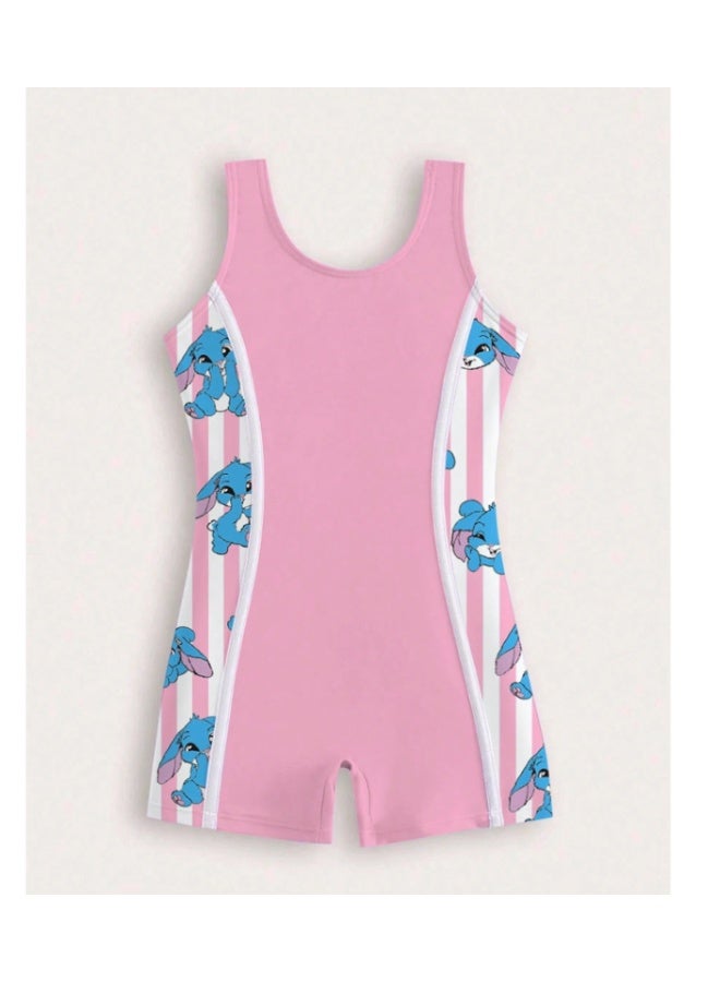 Girls' summer swimsuit - one piece in pink with rabbit prints, suitable for the beach, summer and resorts (6-7 years) - Image 1