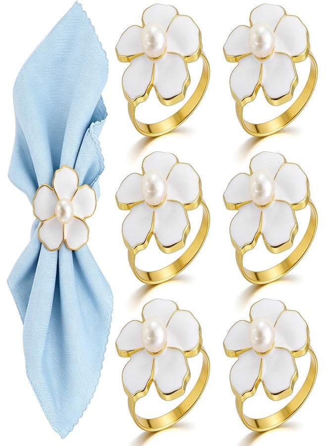 BEAVOING White Flower Napkin Rings Set of 6, Holiday Gold Peal Napkin Ring Holders for Dinner Setting Decoration, Wedding, Baby Shower,Mother's Day, Thanksgiving, Christmas, Party - Image 1