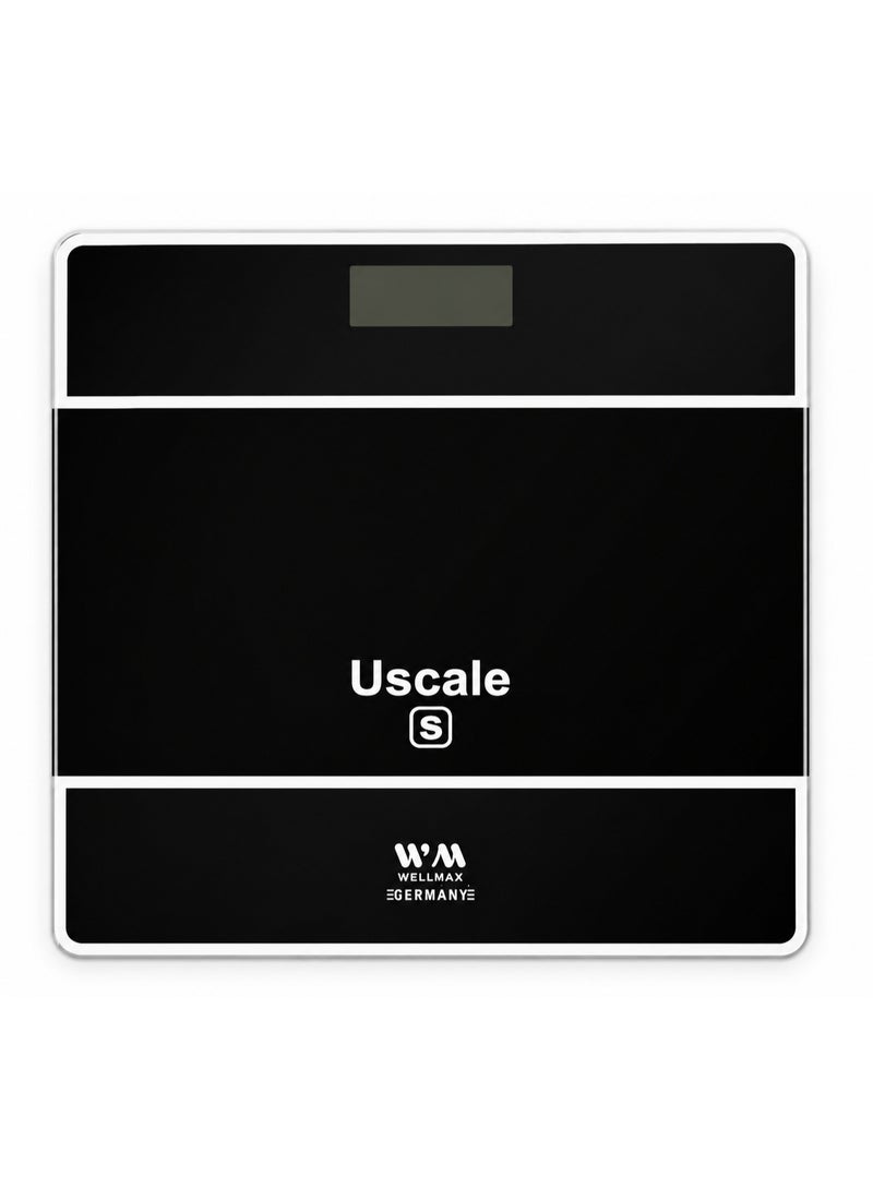 Wellmax Germany Uscale S Digital Bathroom Weighing Scale 180kg Capacity - Tempered Glass, LCD Display, Step-On Technology, Black - Image 1