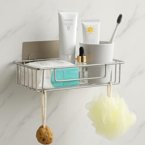 Boniry 1 PCS Bathroom Self-Adhesive Organiser with Towel Holder Bathroom Accessories Wall Mount Stainless Steel Self Adhesive Bathroom Shelf for Wall Shelf Storage Basket (30L*12W*6H CM, Silver) - Image 1