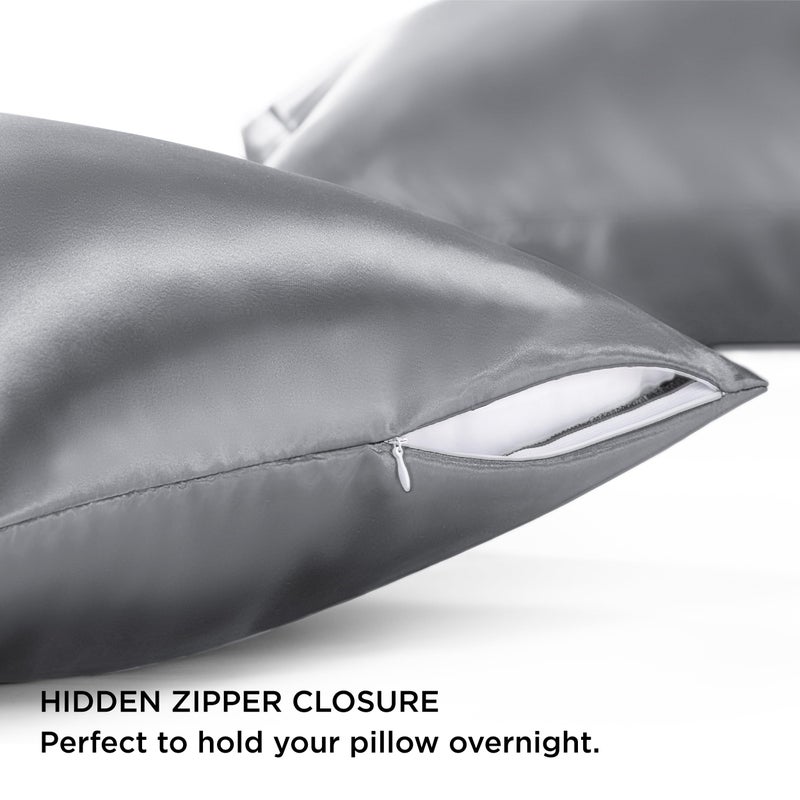 Bedsure Satin Pillowcase with Zipper, Similar to Silk Pillow Cases 2 Pack, Silky & Soft Satin Pillow Cases Standard Size for Hair and Skin, Dark Grey Pillow Covers, Gifts for Women Men, 20x26 Inches - Image 2