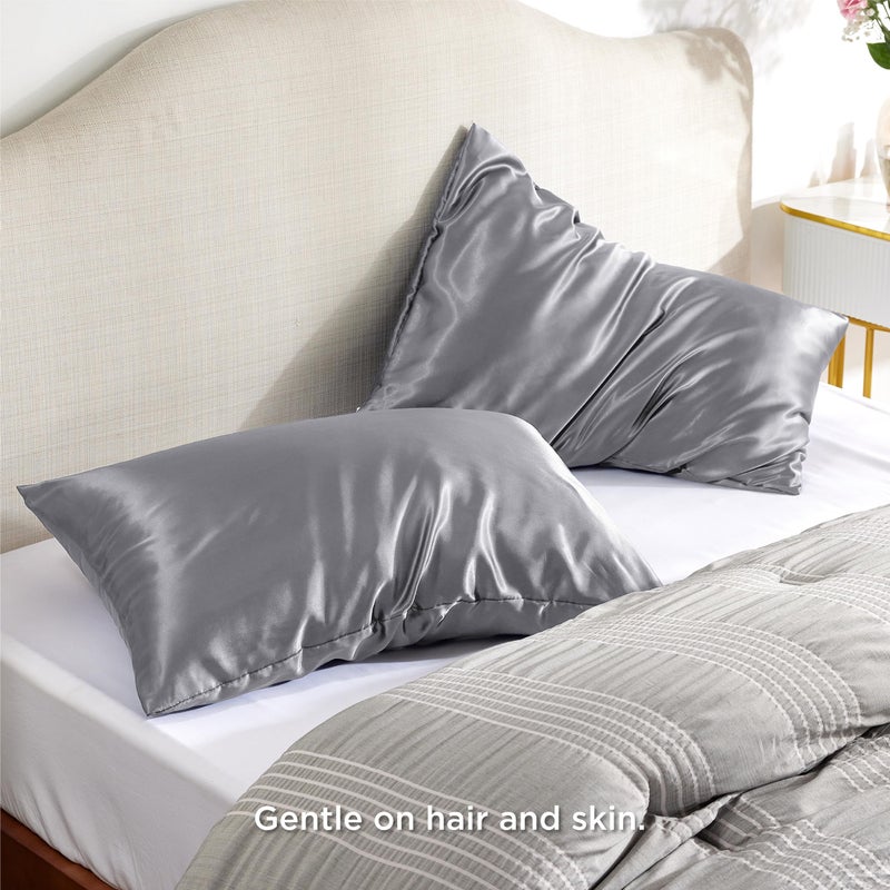 Bedsure Satin Pillowcase with Zipper, Similar to Silk Pillow Cases 2 Pack, Silky & Soft Satin Pillow Cases Standard Size for Hair and Skin, Dark Grey Pillow Covers, Gifts for Women Men, 20x26 Inches - Image 4