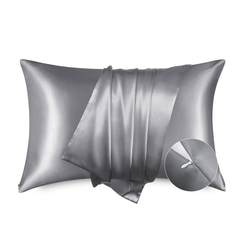 Bedsure Satin Pillowcase with Zipper, Similar to Silk Pillow Cases 2 Pack, Silky & Soft Satin Pillow Cases Standard Size for Hair and Skin, Dark Grey Pillow Covers, Gifts for Women Men, 20x26 Inches - Image 1
