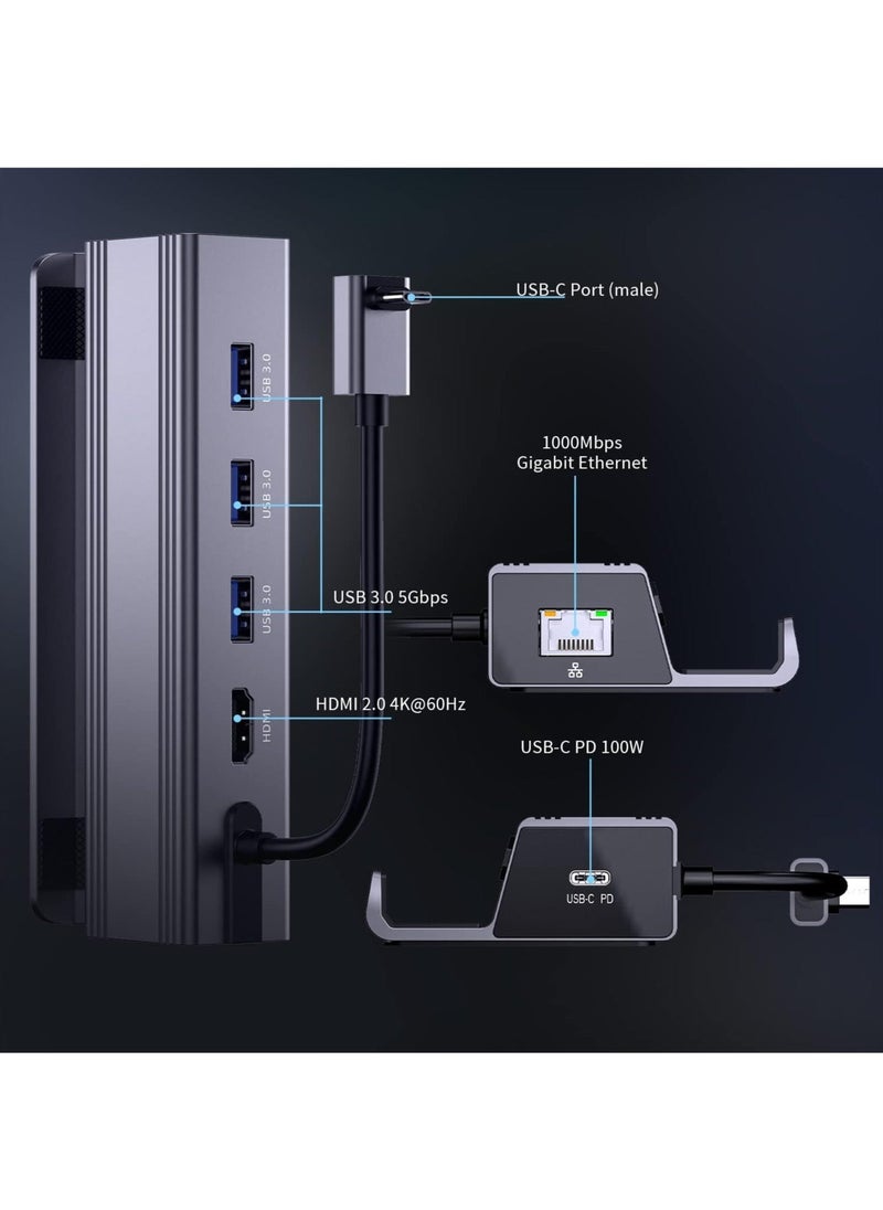 Docking Station, 6-in-1 Dock with HDMI 2.0 4K@60Hz, Gigabit Ethernet, 3 USB 3.0 and 100W USB C Charging Port for Steam Deck and Asus Rog Ally