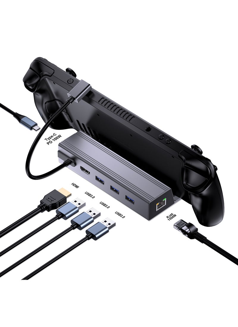 Docking Station, 6-in-1 Dock with HDMI 2.0 4K@60Hz, Gigabit Ethernet, 3 USB 3.0 and 100W USB C Charging Port for Steam Deck and Asus Rog Ally