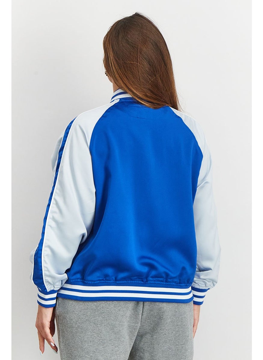 Don't Call Me Jennyfer - Women Baseball Collar Embroidered Bomber Jacket, Blue - Image 1
