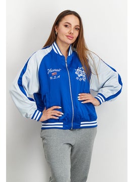 Women Baseball Collar Embroidered Bomber Jacket, Blue