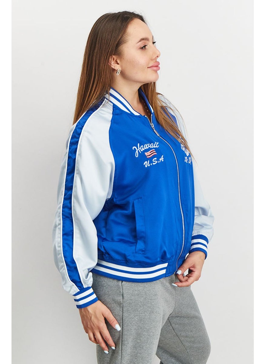 Don't Call Me Jennyfer - Women Baseball Collar Embroidered Bomber Jacket, Blue - Image 1